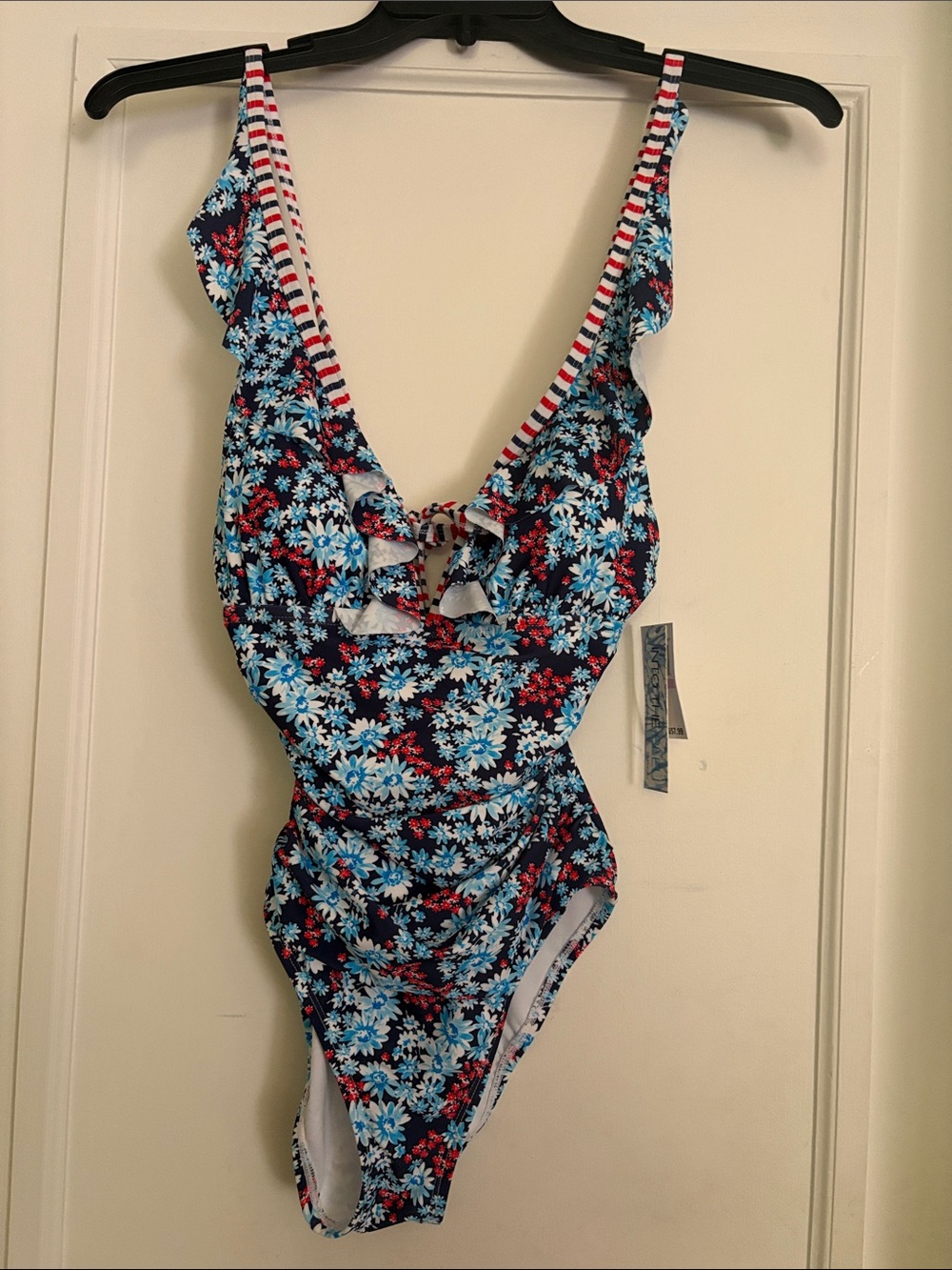 Blue Floral One-Piece Swimsuit with Red Stripe Trim